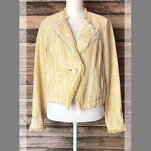 Cabi yellow & white tweed, fringe hem, cropped jacket/blazer